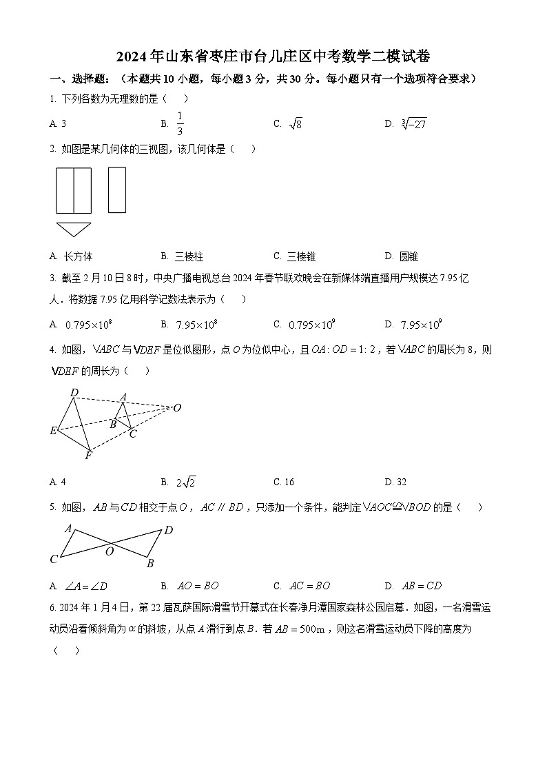 2024年山东省枣庄市台儿庄区中考数学二模试题（原卷版）第1页
