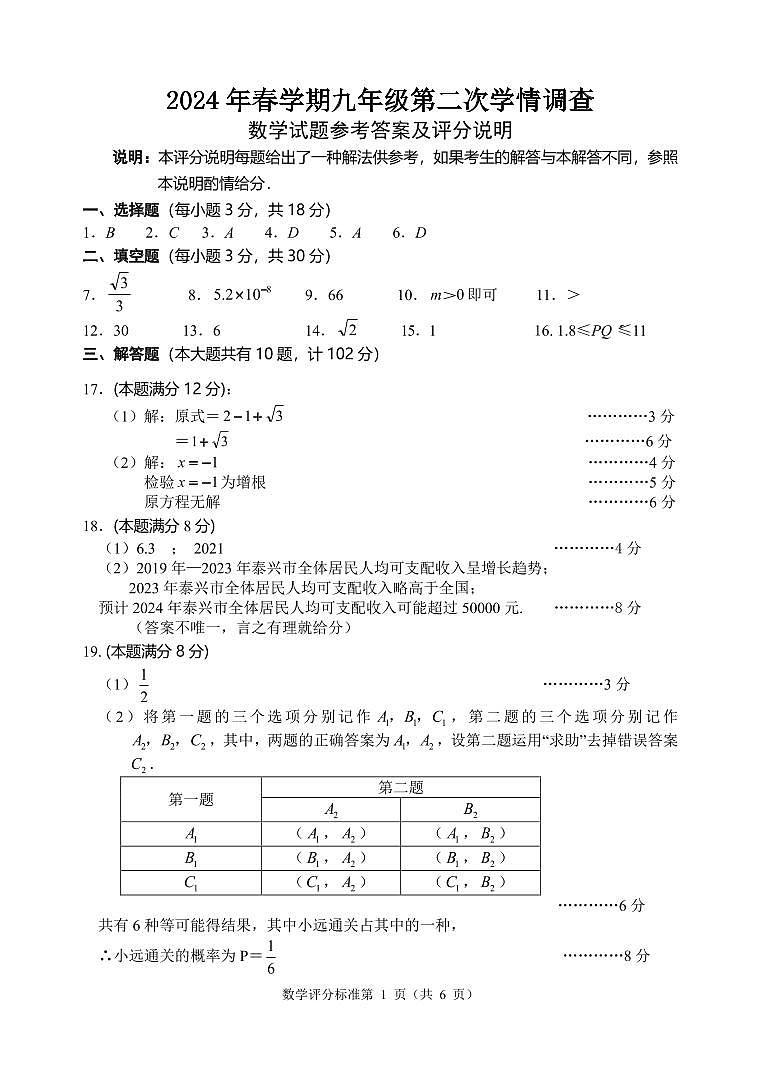 2024年江苏省泰州市泰兴市中考二模数学试题01