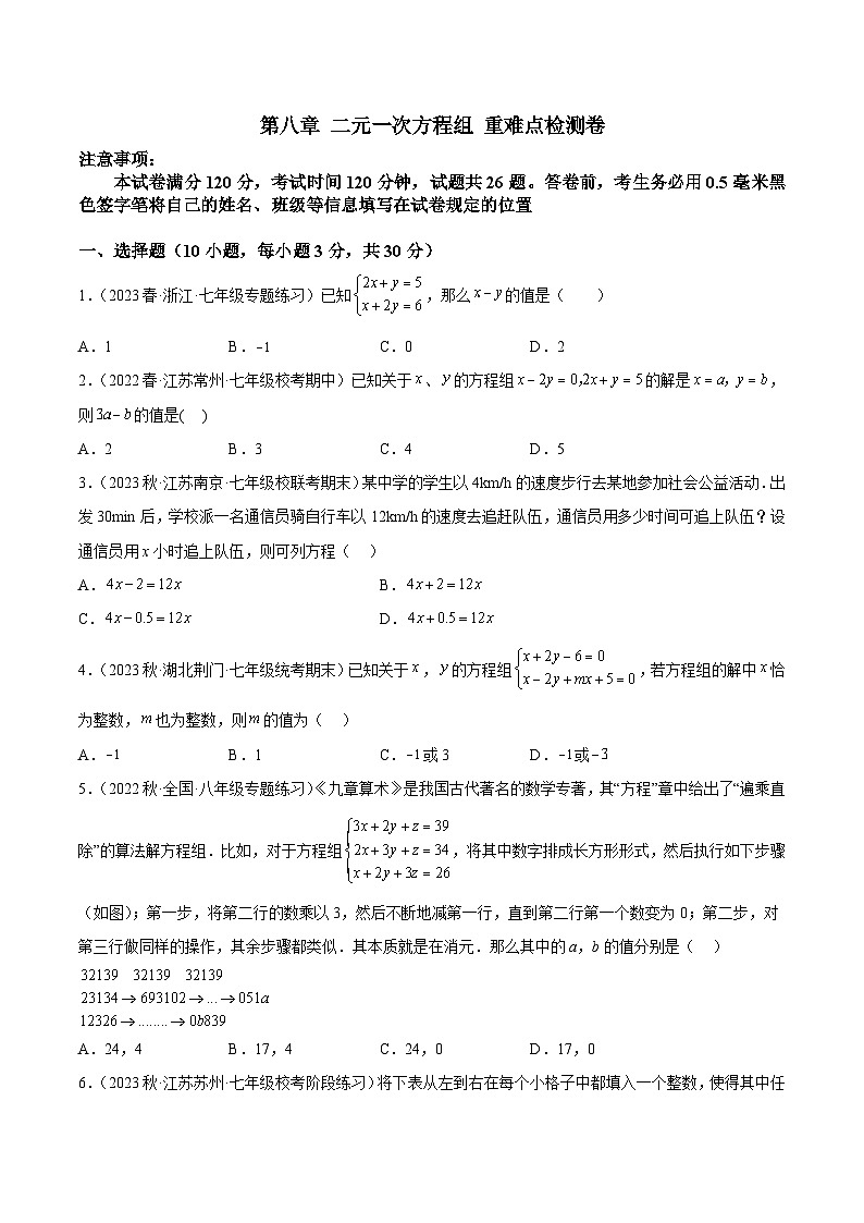 人教版七年级数学下册重难点专题提升精讲精练专题一3第八章二元一次方程组重难点检测卷(原卷版+解析)第1页
