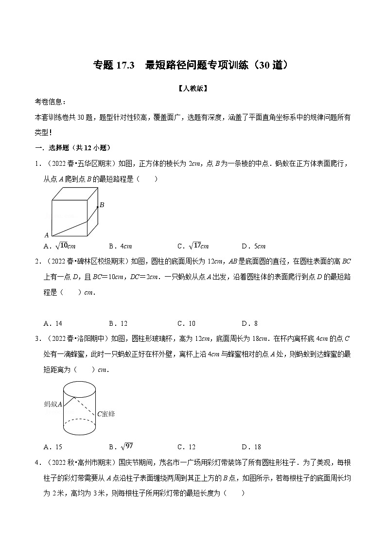 人教版八年级数学下册举一反三系列专题17.3最短路径问题专项训练(30道)(原卷版+解析)第1页