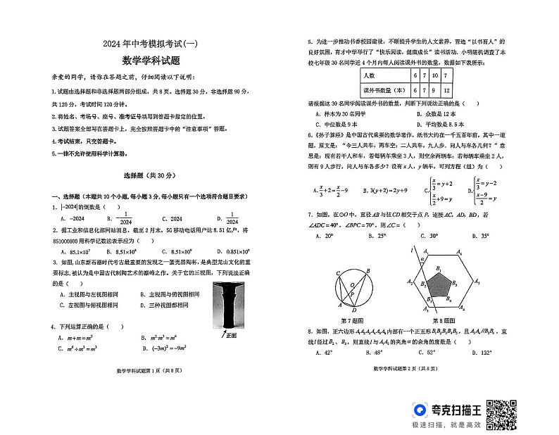 2024年山东省聊城市东昌府区中考模拟预测数学试题第1页