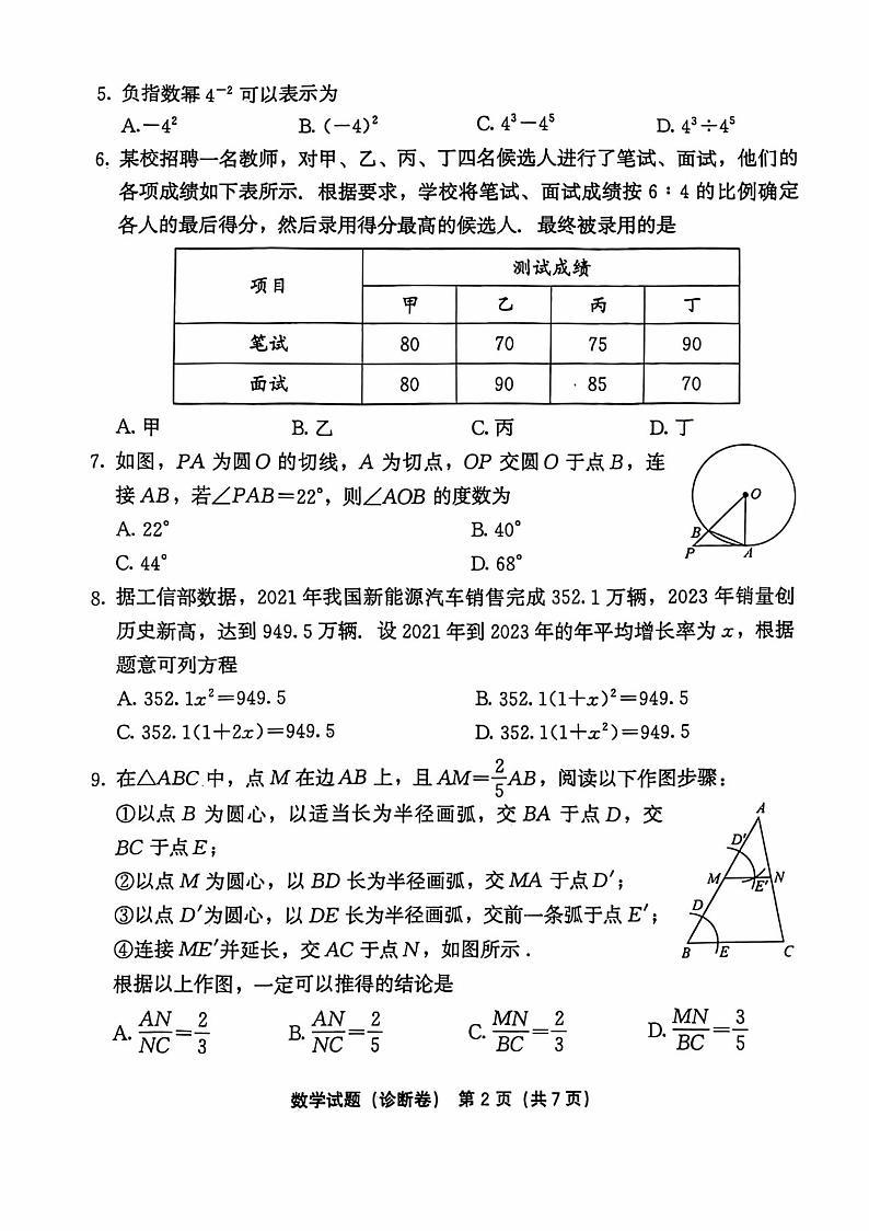 福建省2024届九年级下学期中考模拟诊断数学试卷(含答案)02