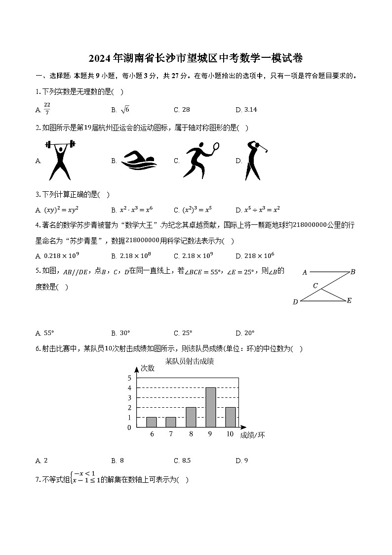 湖南省长沙市望城区2024届九年级下学期中考一模数学试卷(含解析)01