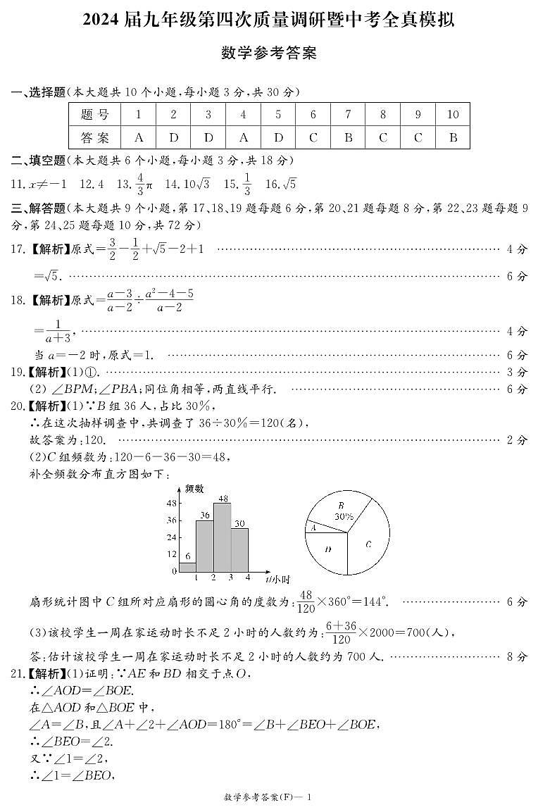 2024湖南师大附中九年级第四次调研暨中考全真模拟数学参考答案第1页
