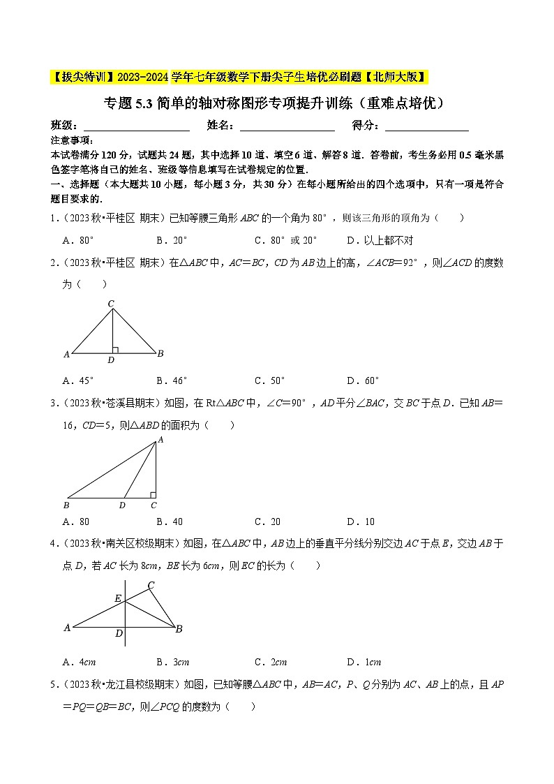 北师大版七年级数学下册专题5.3简单的轴对称图形专项提升训练(重难点培优)(原卷版+解析)01