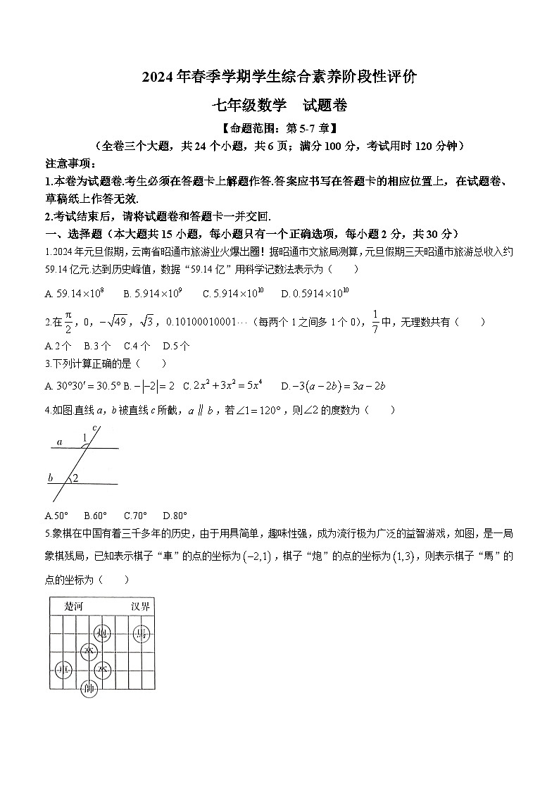 云南省昭通市永善县2023-2024学年七年级下学期期中数学试题（含答案）01