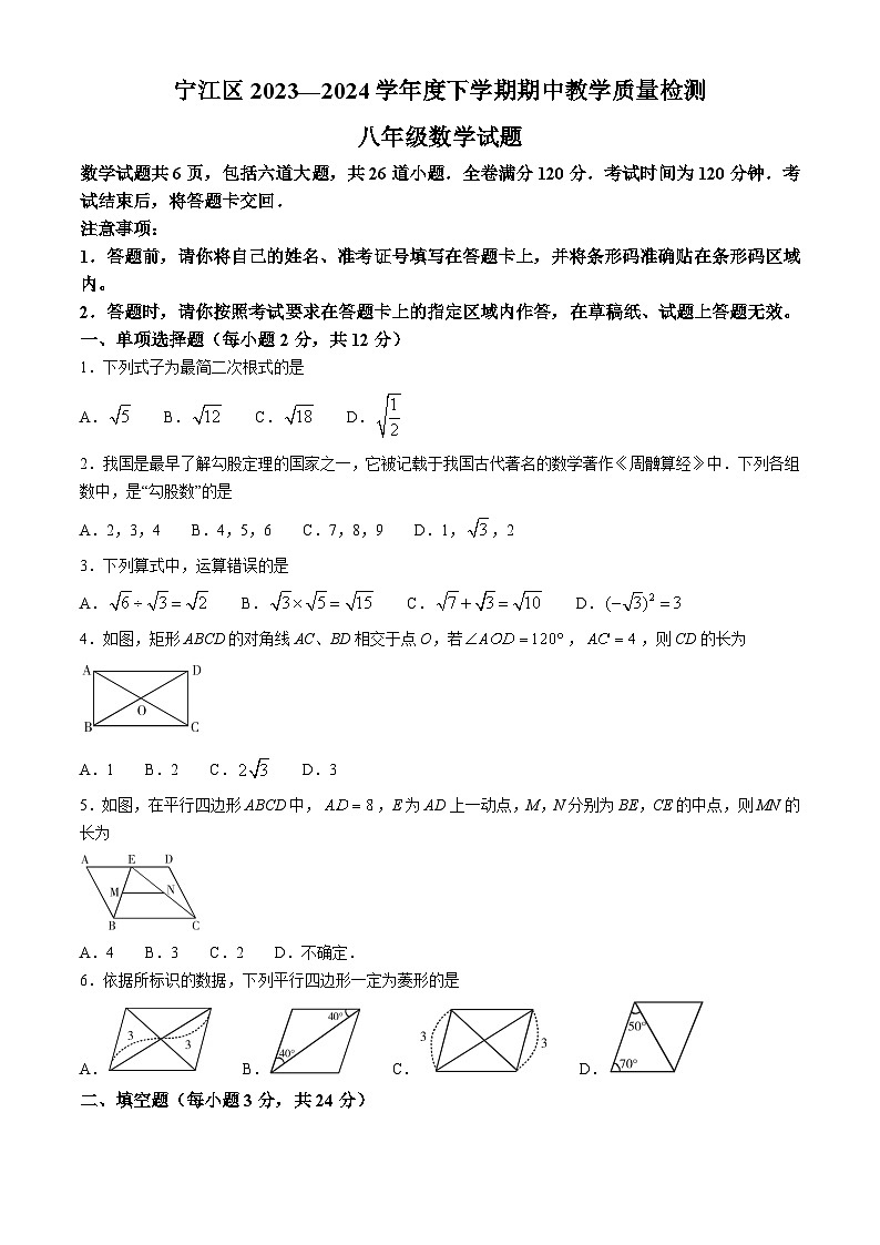 吉林省松原市宁江区2023-2024学年八年级下学期期中考试数学试题01