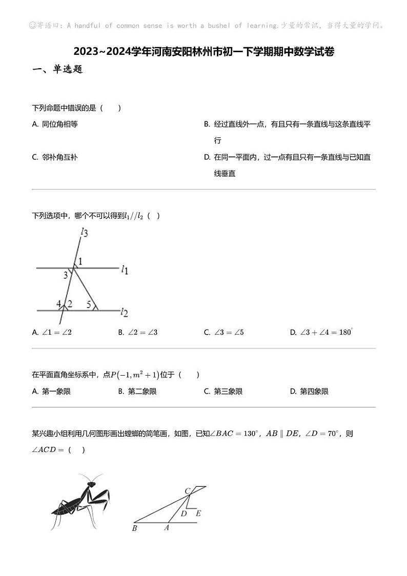 2023_2024学年河南安阳林州市初一下学期期中数学试卷第1页