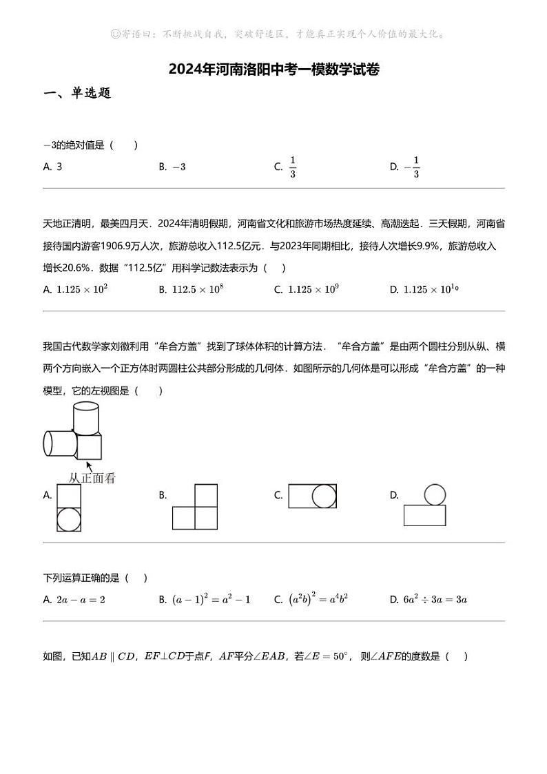 2024年河南洛阳中考一模数学试卷01