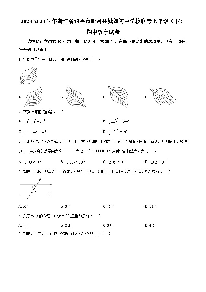 浙江省绍兴市新昌县城郊初中学校联考2023-2024学年七年级下学期期中考试数学试题01