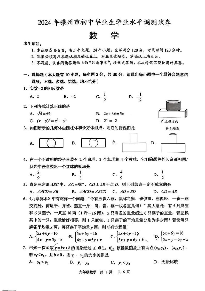 2024年浙江绍兴市嵊州市初中毕业适应性考试初三下学期数学试题（二模）+答案01