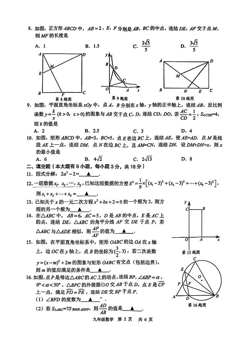 2024年浙江绍兴市嵊州市初中毕业适应性考试初三下学期数学试题（二模）+答案02