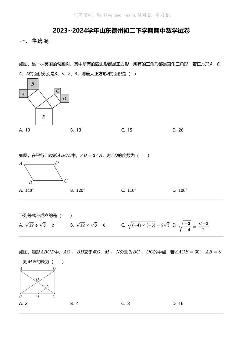 2023_2024学年山东德州初二下学期期中数学试卷第1页