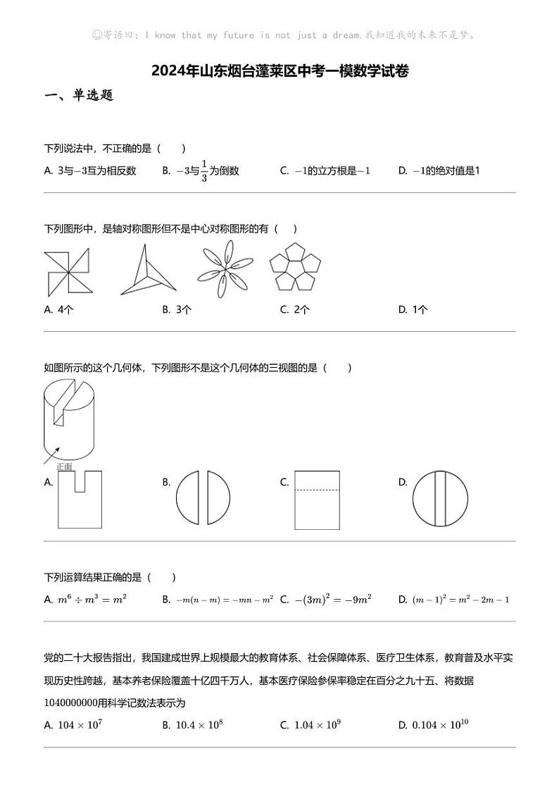 2024年山东烟台蓬莱区中考一模数学试卷第1页