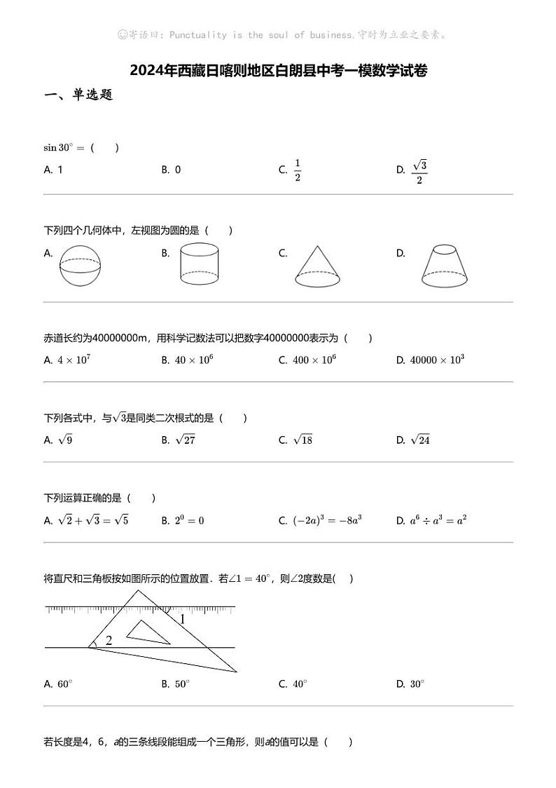 2024年西藏日喀则地区白朗县中考一模数学试卷第1页