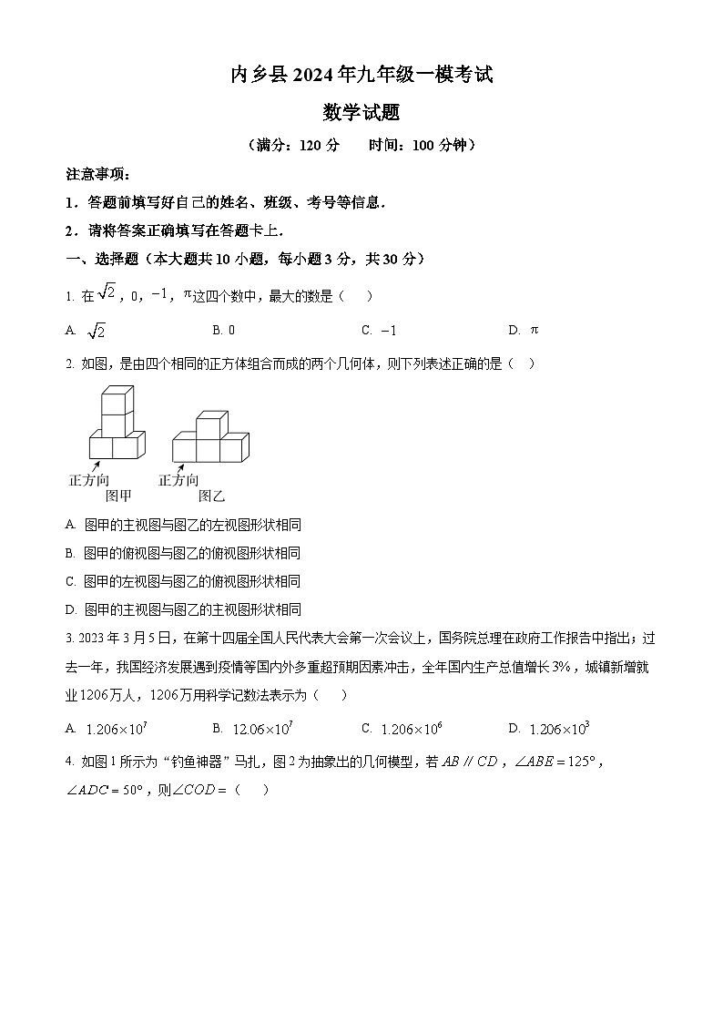 2024年河南省南阳市内乡县九年级数学中考一模试题（原卷版）第1页