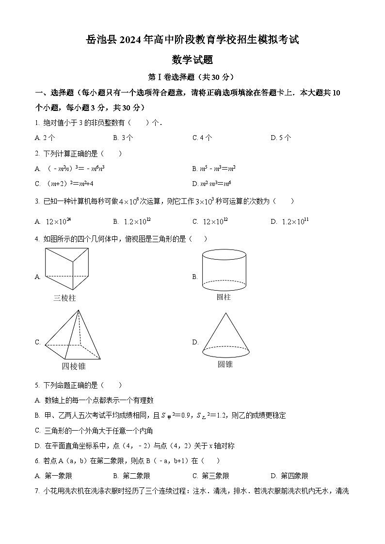 2024年四川省广安市岳池县九年级中考三模数学试题（原卷版）第1页