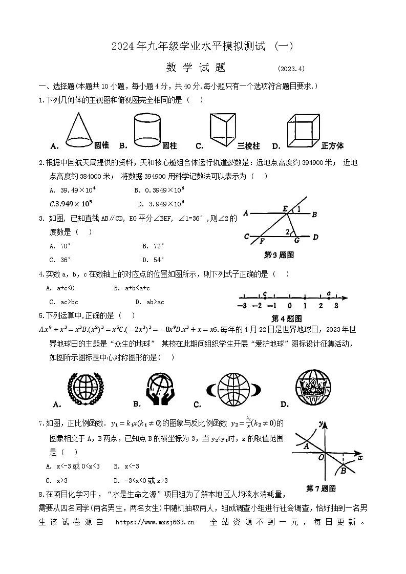 2024年山东省济南市历城区中考一模数学试题第1页