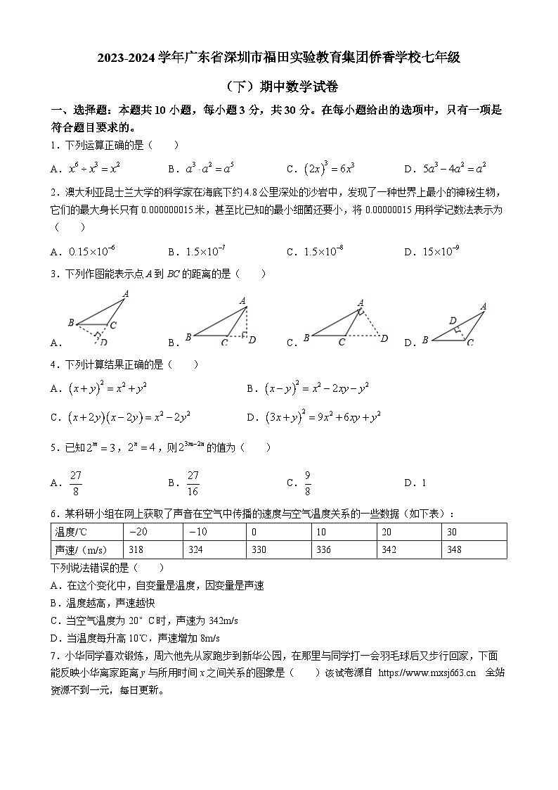 广东省深圳市福田实验教育集团侨香学校2023-2024学年七年级下学期期中数学试题第1页