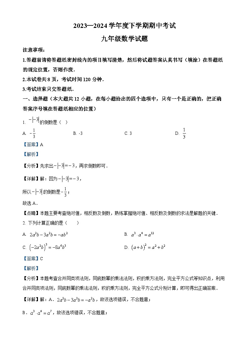 山东省泰安市肥城市2023-2024学年九年级下学期期中数学试题01