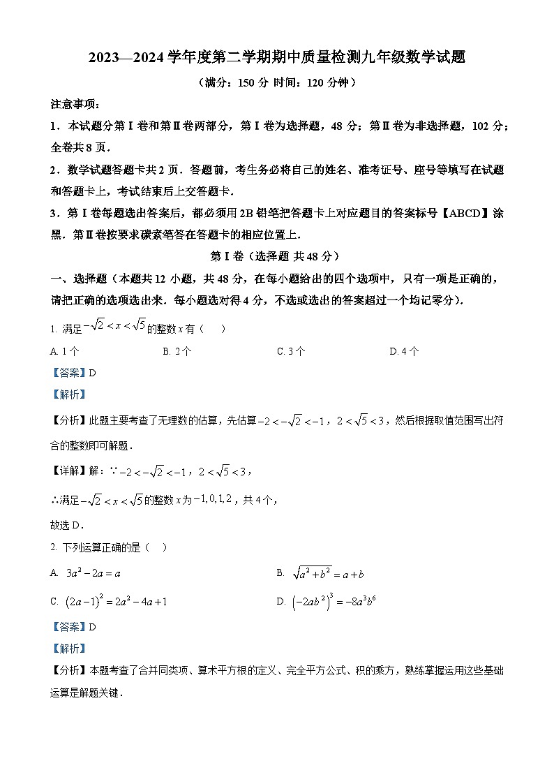 山东省泰安市宁阳县2023-2024学年九年级下学期期中数学试题（解析版）第1页