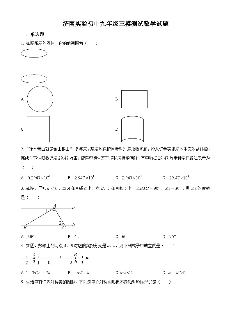 2024年山东省济南实验初级中学九年级中考三模测试数学试题（原卷版）第1页