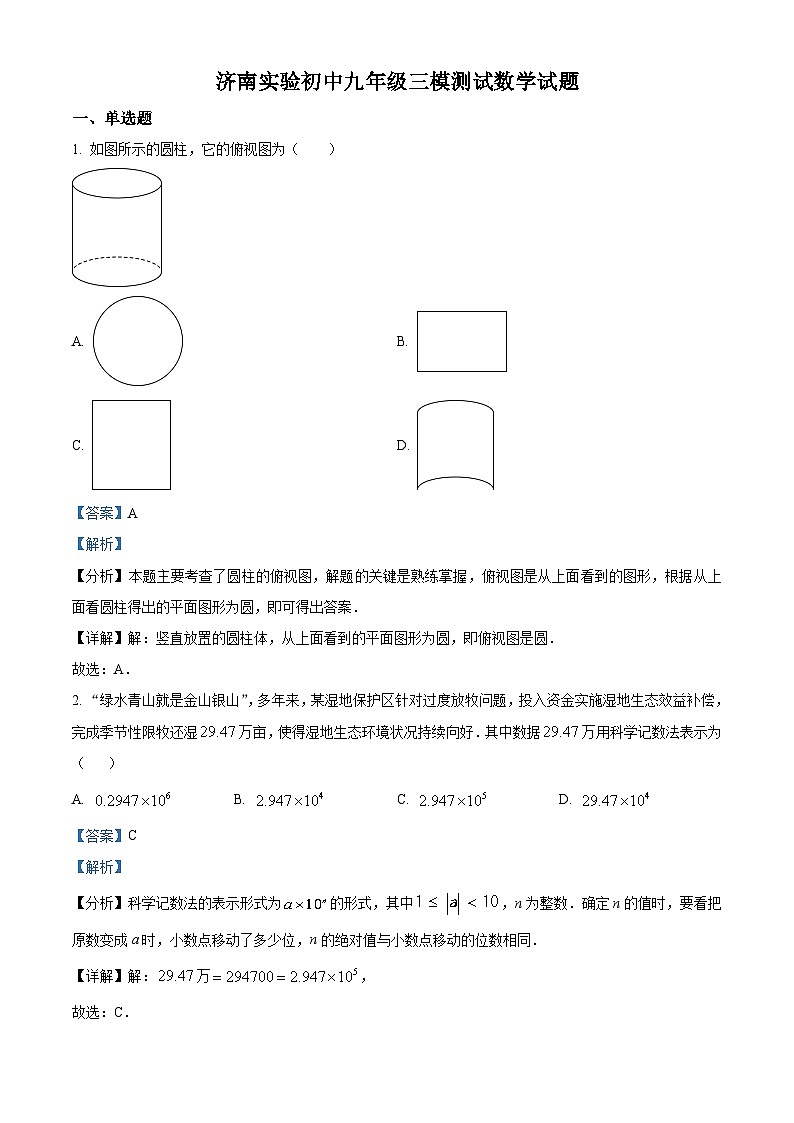 2024年山东省济南实验初级中学九年级中考三模测试数学试题（解析版）第1页