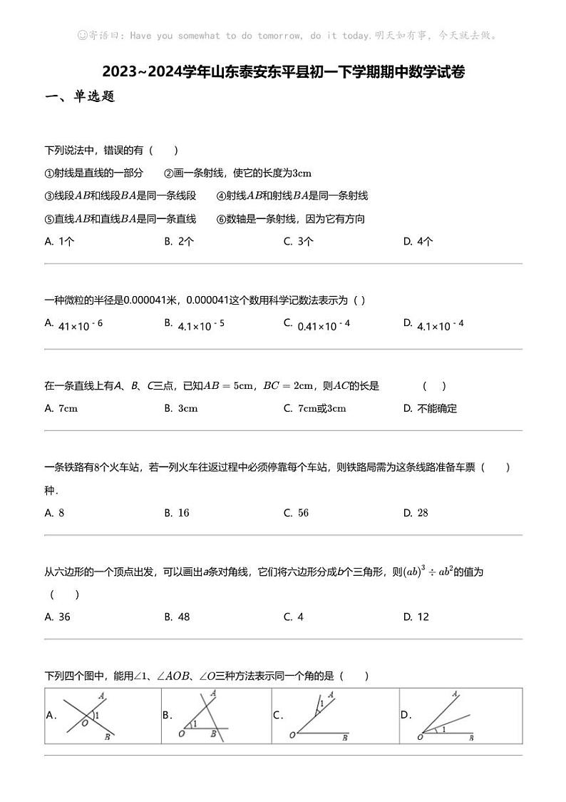 2023_2024学年山东泰安东平县初一下学期期中数学试卷第1页