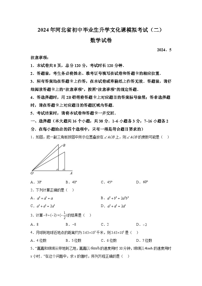 2024年河北省邯郸市广平县中考二模数学试题（含解析）01