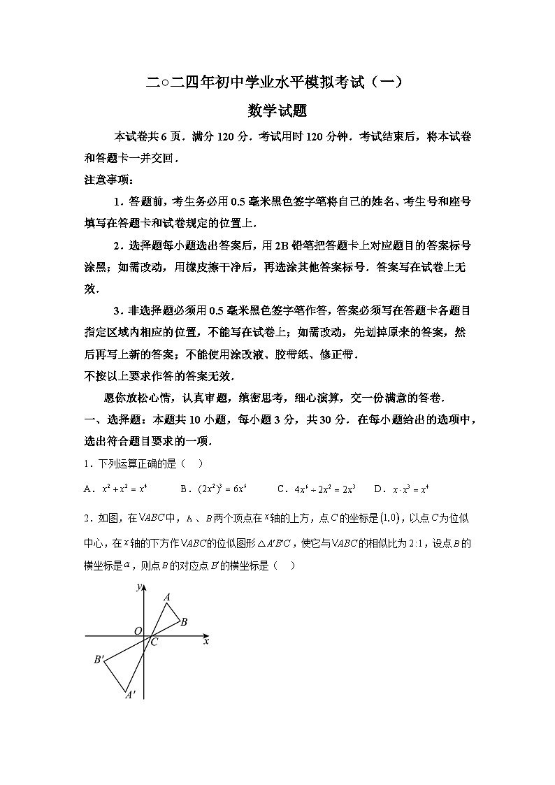 2024年山东省枣庄市部分中学中考数学一模试题（含解析）01