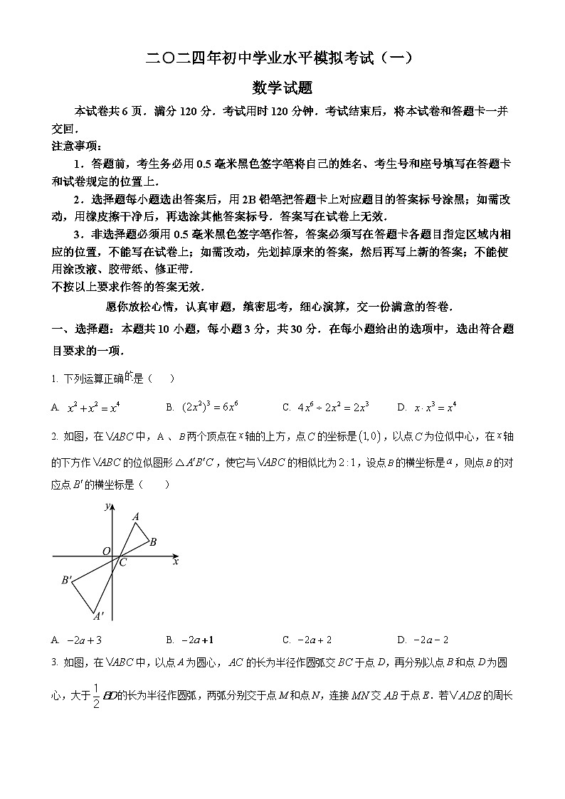 2024年山东省枣庄市部分中学中考数学一模试题（原卷版+解析版）01