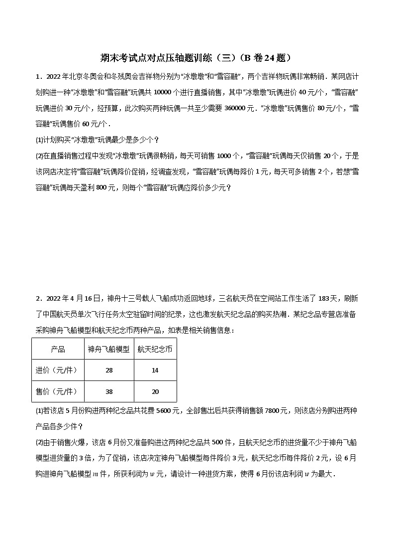 北师大版八年级数学下册期末考试点对点压轴题训练(三)(B卷24题)(原卷版+解析)01