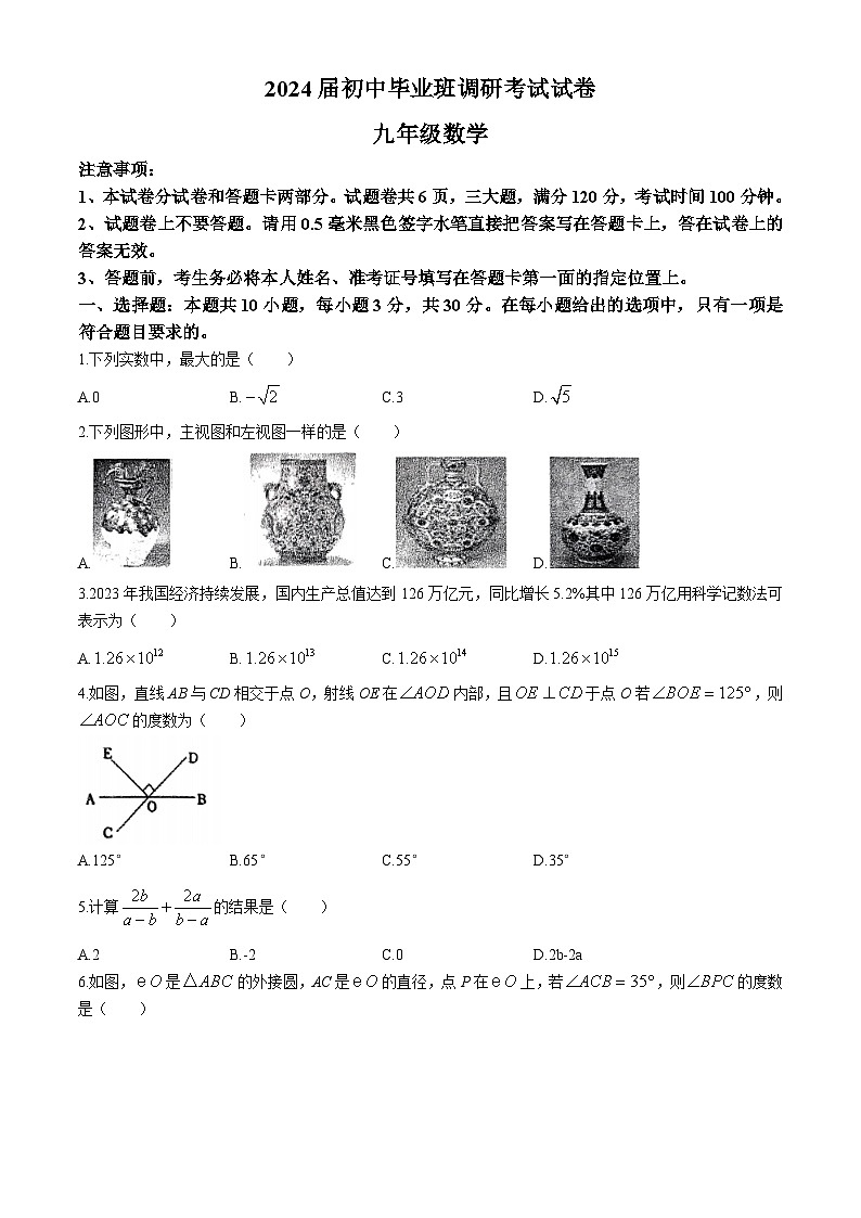 2024年河南省信阳市光山县中考三模数学试题(无答案)01