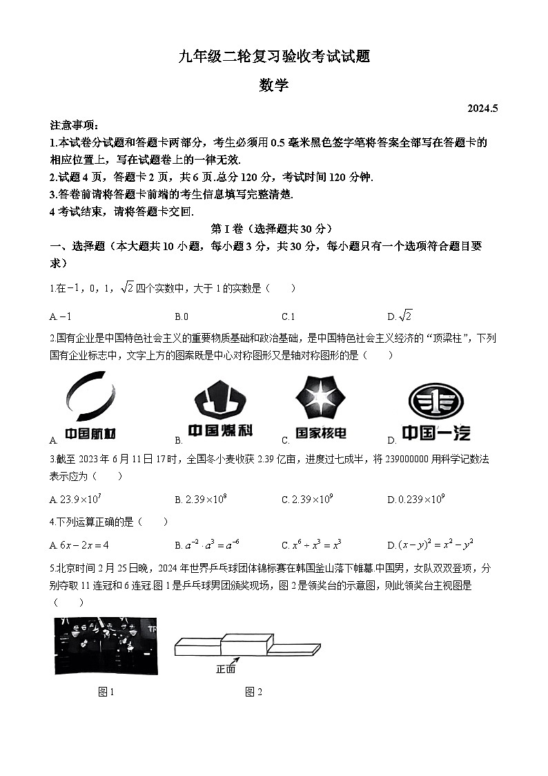 2024年山东省临沂市蒙阴县中考二模数学试题(无答案)第1页