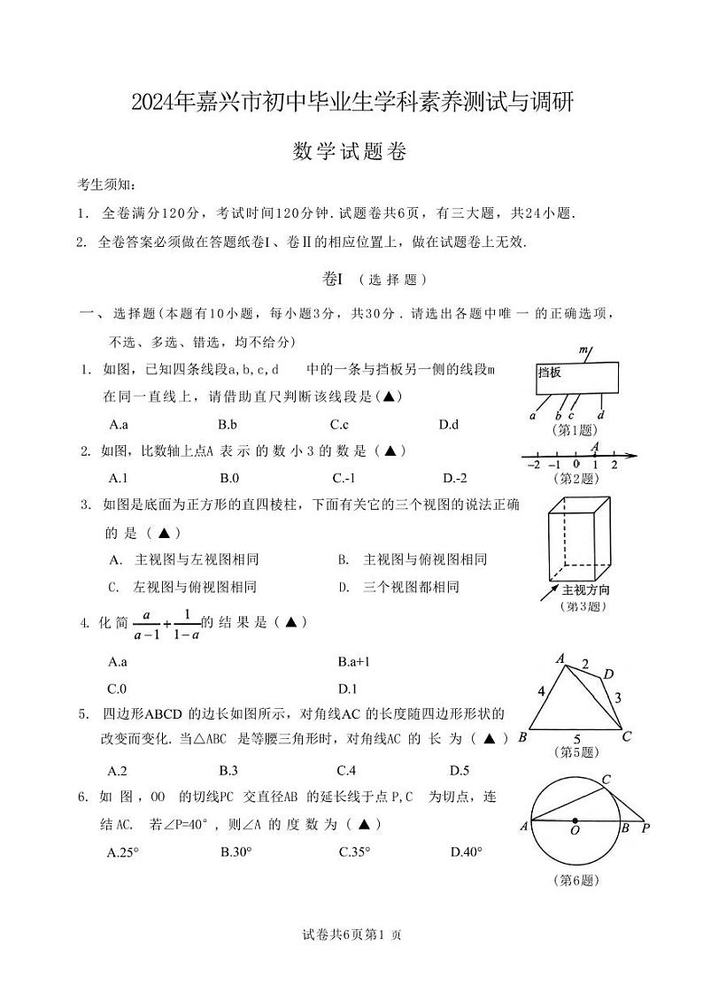 2024年浙江省嘉兴市九年级学科素养测试与调研数学试卷（含答案）第1页