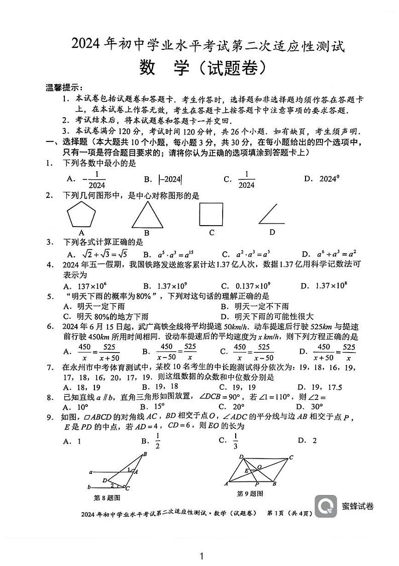 2024年湖南省永州市中考二模数学试题01