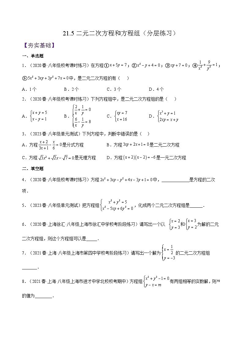 沪教版数学八年级下册21.5《二元二次方程和方程组》课件+分层练习01