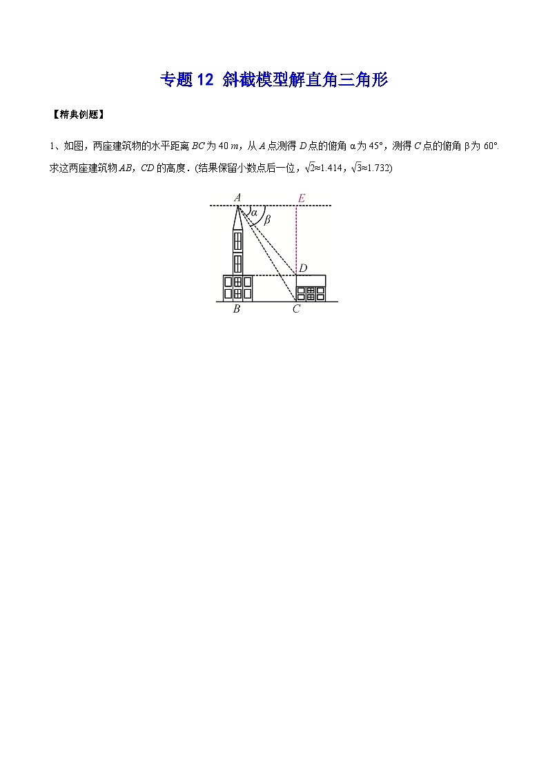 中考数学 专题12 斜截模型解直角三角形（专题练习）01