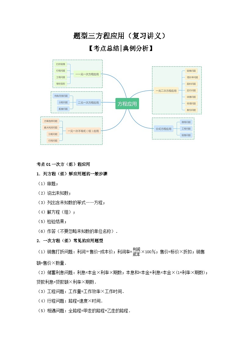 【二轮复习】2024年中考数学题型3 方程应用（复习讲义）(一元一次方程、二元一次方程、一元一次不等式、分式方程、一元二次方程应用)（教师版）第1页