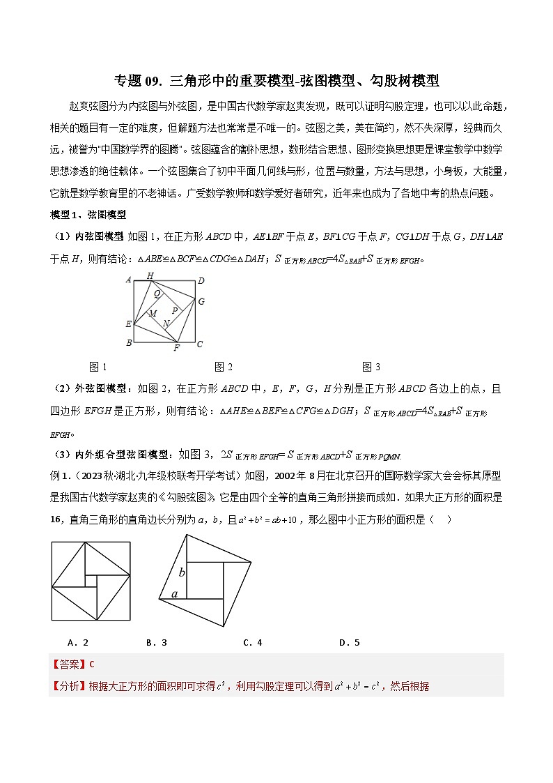 中考数学09 三角形中的重要模型-弦图模型、勾股树模型（教师版）（专题训练）第1页