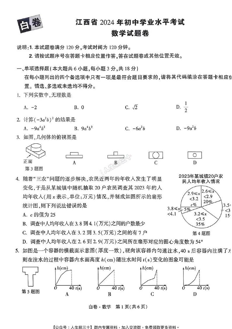 2024年江西《黑白卷》数学白卷第1页