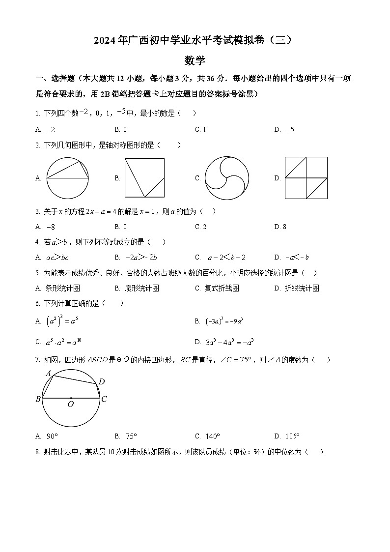 2024年广西壮族自治区河池市中考三模数学试题（原卷版+解析版）01