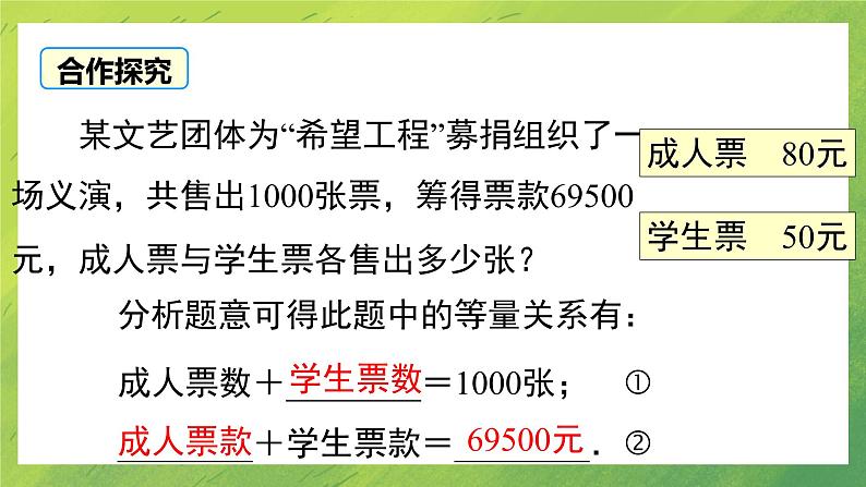 北师大版七年级数学第五章5.5  应用一元一次方程——“希望工程”义演课件PPT第3页