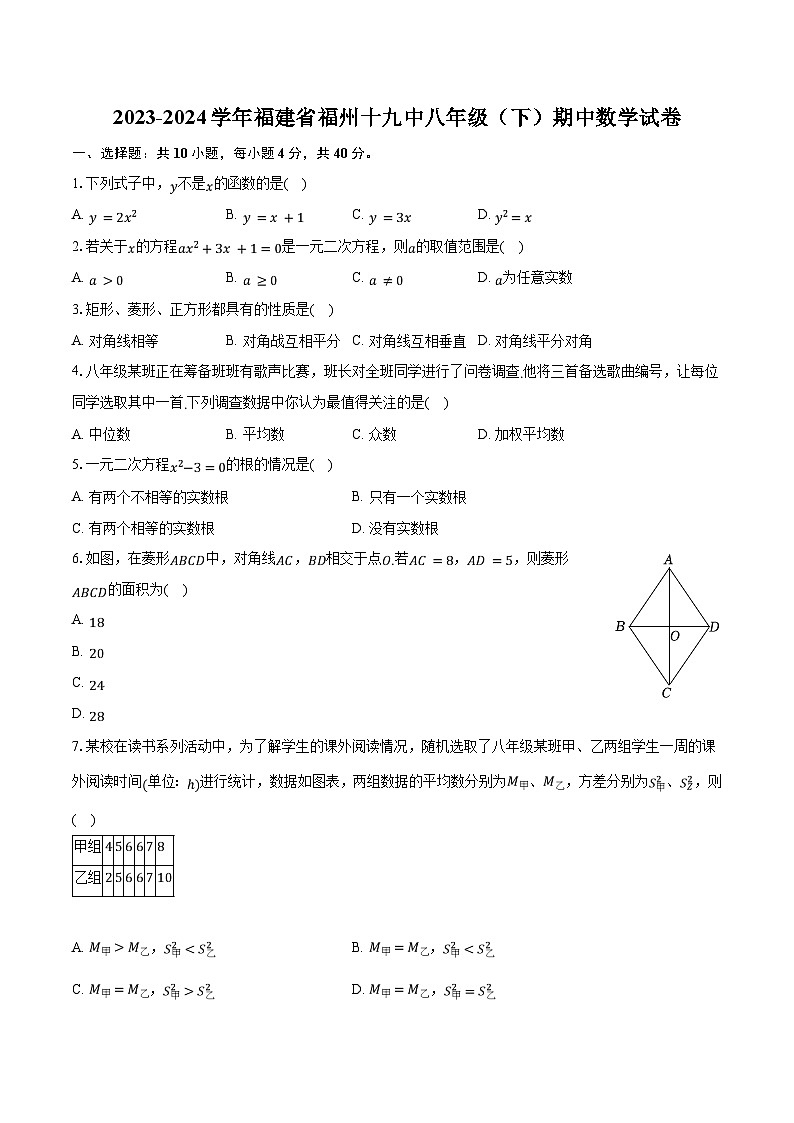 2023-2024学年福建省福州十九中八年级（下）期中数学试卷（含解析）01