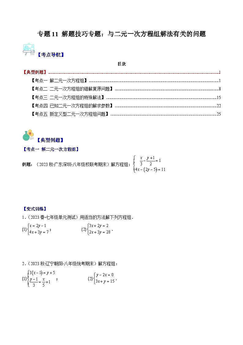 人教版七年级数学下册专题11解题技巧专题：与二元一次方程组解法有关的问题(原卷版+解析)(五大考点)第1页