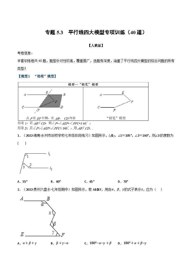 苏科版八年级数学下册举一反三系列专题5.3平行线四大模型专项训练(40道)(原卷版+解析)01