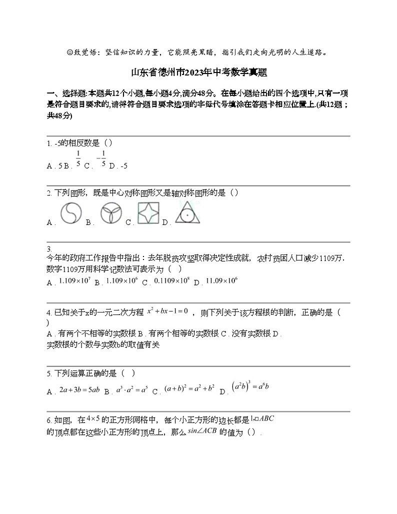 山东省德州市2023年中考数学真题01