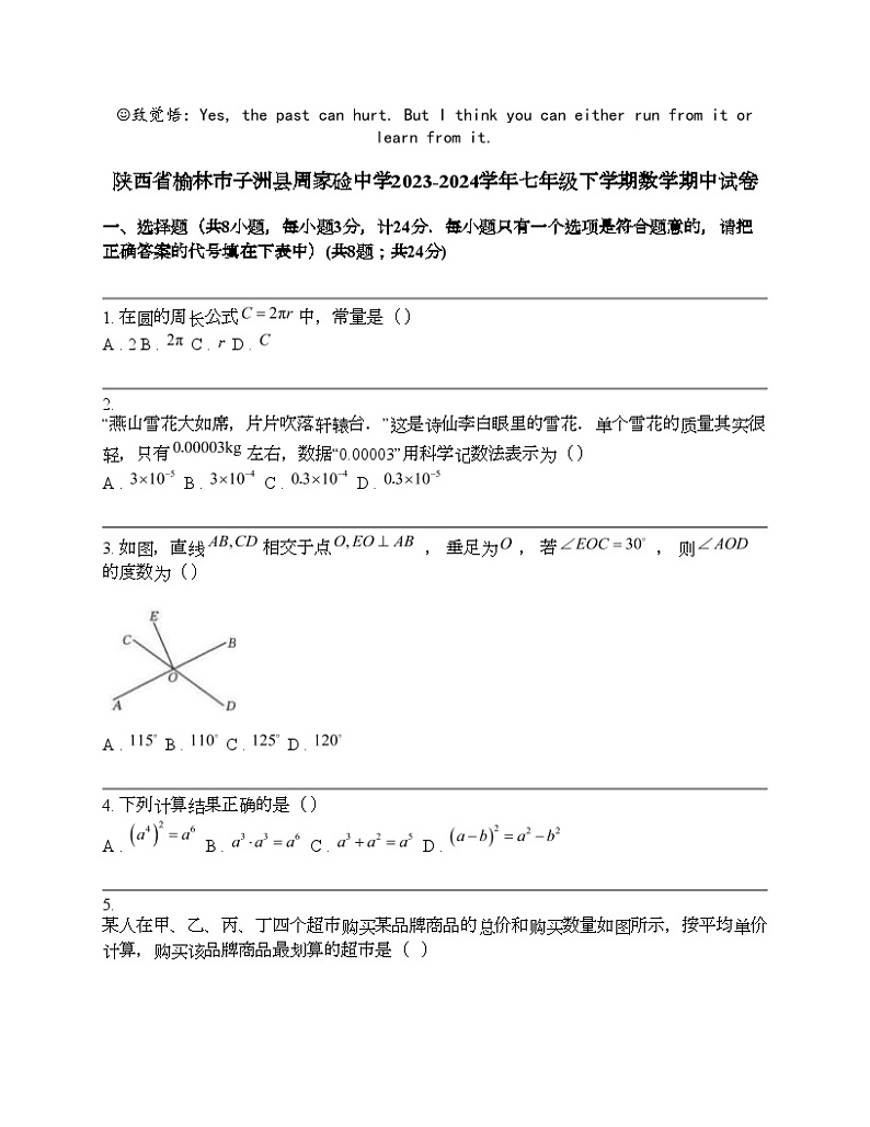 陕西省榆林市子洲县周家硷中学2023-2024学年七年级下学期数学期中试卷01