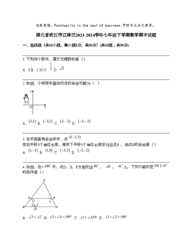 湖北省武汉市江岸区2023-2024学年七年级下学期数学期中试题 (1)第1页