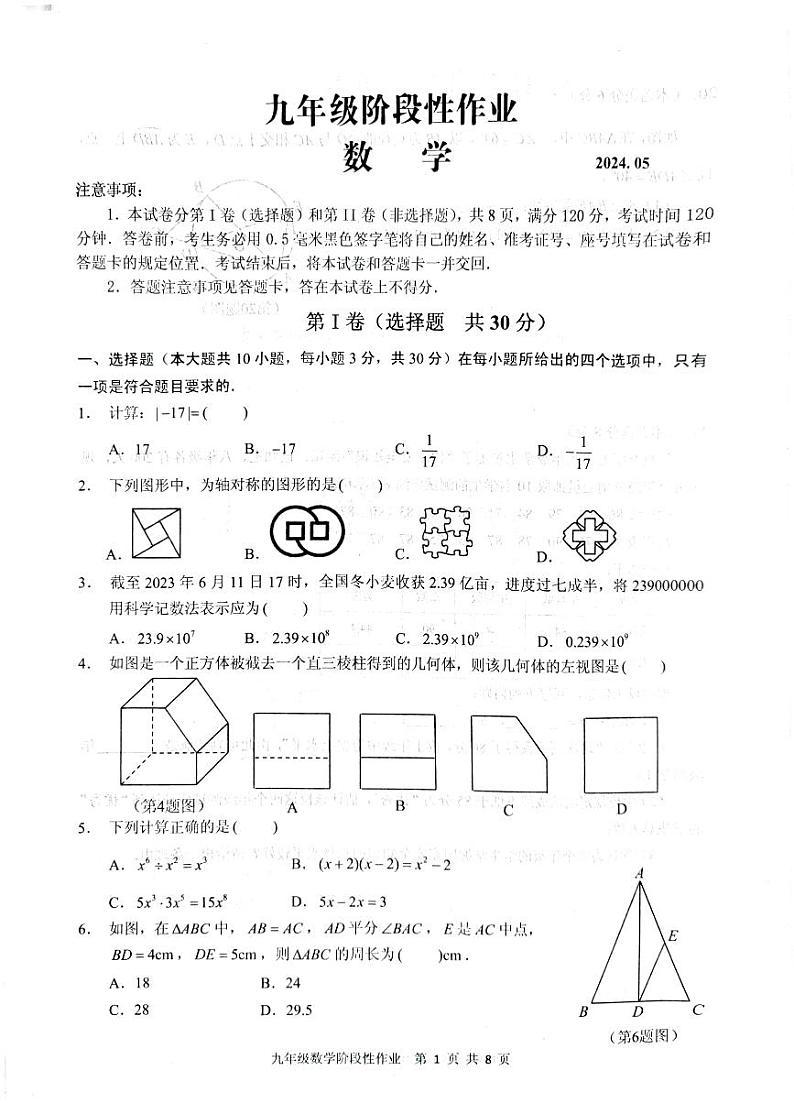 2024年山东省临沂市沂水县九年级中考二模数学试题第1页